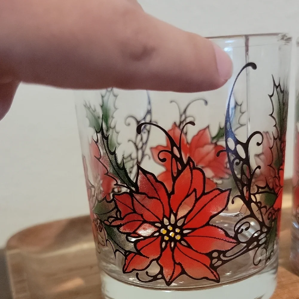 Vintage Libbey Poinsettia Red And Green Lowball Glasses Set Of 4
